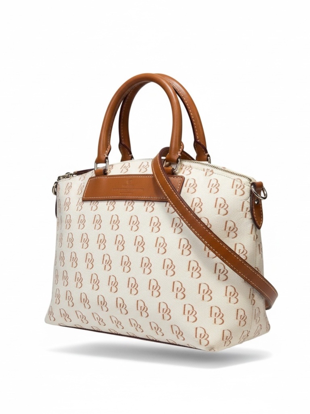 Dooney & Bourke Cream Monogram Satchel with Tan Leather Trim